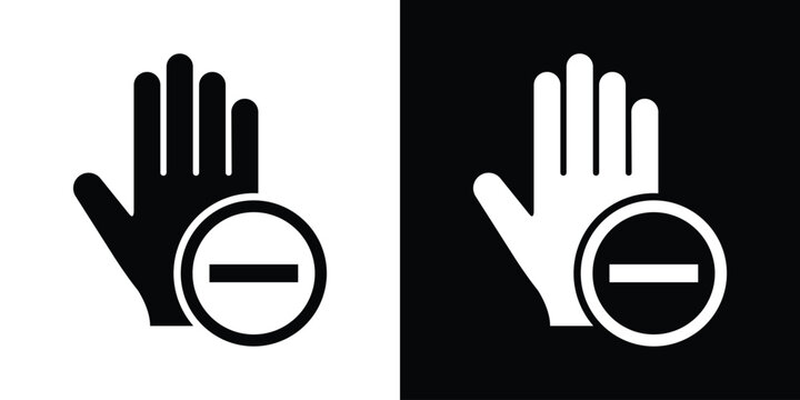 Minimalist vector icon showing a raised hand and a minus subtraction sign inside a circle, symbolizing remove, decline, restriction, or negative action.