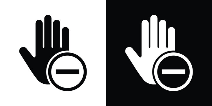 Minimalist vector icon showing a raised hand and a minus subtraction sign inside a circle, symbolizing remove, decline, restriction, or negative action.