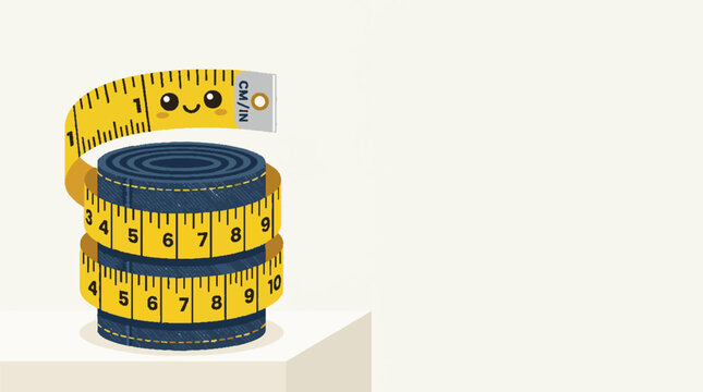 Cute cartoon yellow measuring tape wrapped around a roll of blue denim fabric illustration.