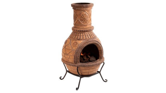 Traditional Mexican clay chiminea outdoor fireplace rustic garden heater hardware isolated on transparent background