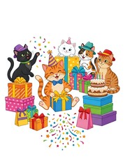 Naklejka premium Cute Cartoon Cats Celebrating Birthday Party with Gifts and Cake