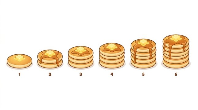 Stacking fluffy golden pancakes with butter and syrup, showing growth progression