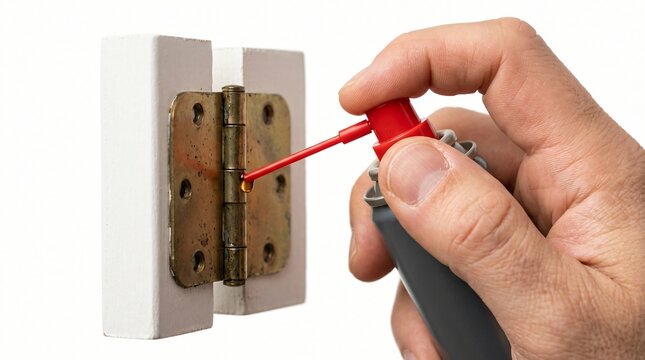 Close-up of a hand applying lubricant to an old brass door hinge using a red spray bottle against a white background