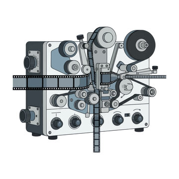 Vintage film editing machine vector illustration with reels and celluloid strips.