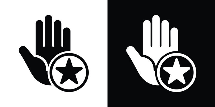 Vector icon set showing a raised open hand paired with a star badge symbol inside a circle, perfect for rating, favorites, premium quality, or expert approval.