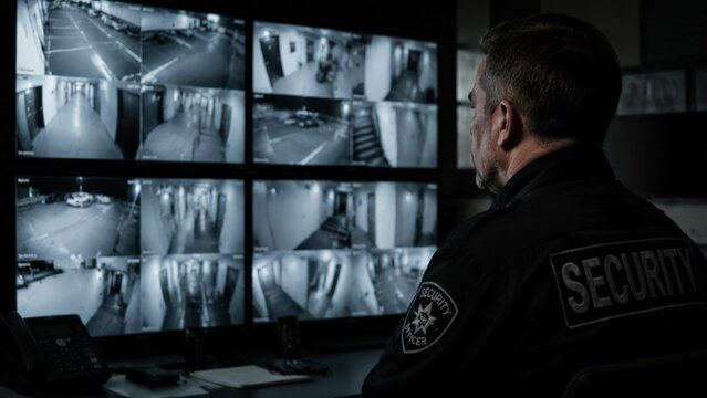 A security officer sits in a dark room facing a large wall of monitors displaying multiple camera feeds from a parking garage and building corridors
