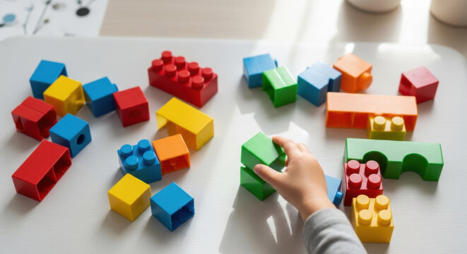 Creative Play With Colorful Building Blocks By Young Child's Hands Full Of Imagination