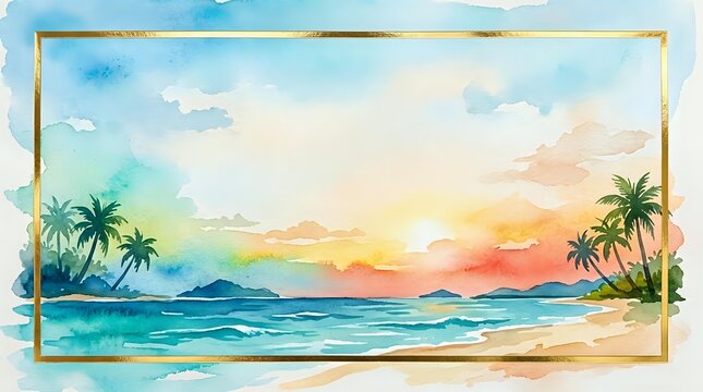 Tropical sunset beach scene with palm trees, golden frame border, watercolor style illustration with vibrant orange and blue gradient sky reflecting on calm ocean waters.