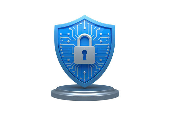 Shield with a padlock and circuit board details, symbolizing digital security, data protection, and online privacy. Transparent background