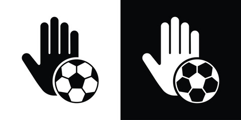 A minimalist black and white vector icon showcasing a raised human hand alongside a classic soccer ball, ideal for representing sports rules, fair play, or penalties. © bibin