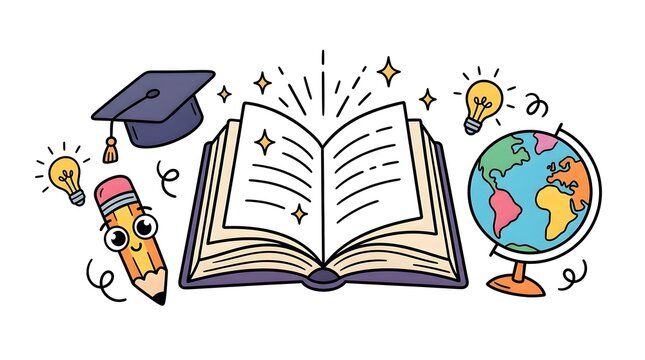 Educational doodle featuring open book graduation cap pencil and spinning globe