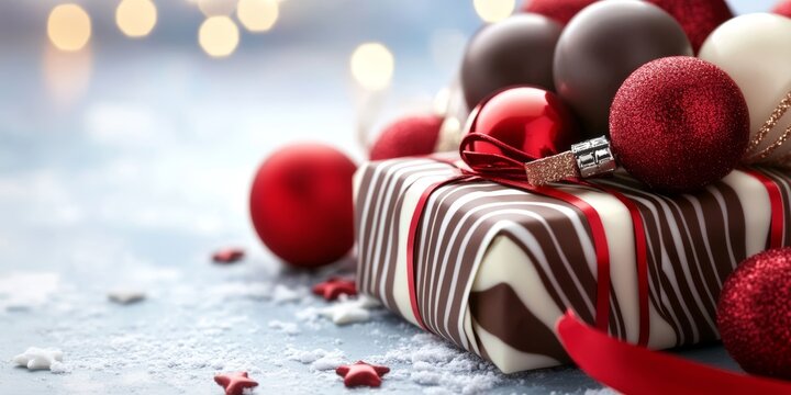 Beautifully wrapped holiday gift with red ornaments and festive decorations on a snowy background
