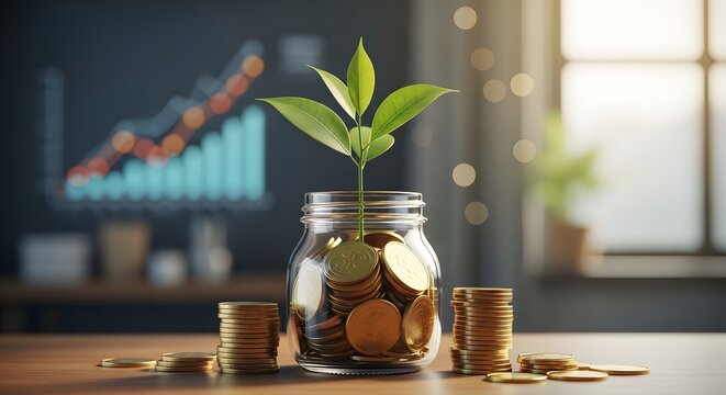 plant growing in jar with coins on desk in office, ultra detailed cinematic scene, professional composition, dramatic lighting, soft shadows, depth of field, photorealistic texture