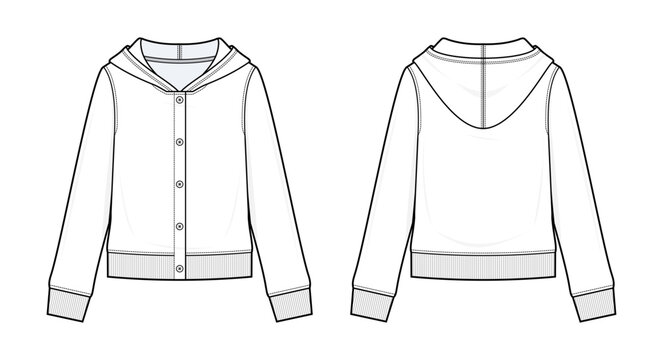 Button Down Hooded Cardigan Sweatshirt Technical Fashion Flat Sketch CAD Vector Template. Front and Back View Blank Jacket Mockup Design.