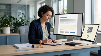 Fototapeta premium Notarization In Digital Era In Office. Notary at a clean desk with a digital signing preview on a main monitor and a secure wallet icon on a secondary