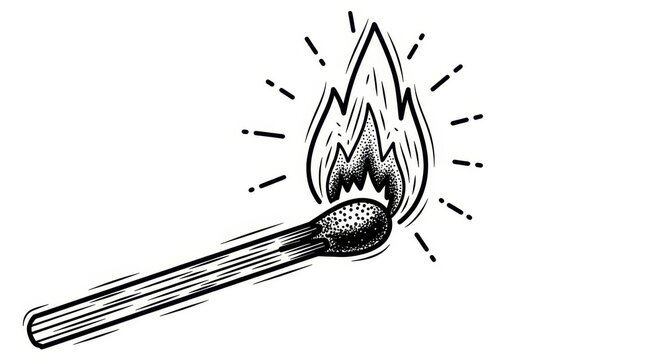 Hand Drawn Burning Matchstick Illustration in Vintage Woodcut Style - Black and White Vector Art for Creative Projects