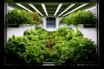 Fototapeta premium Fresh Lettuce and Herbs Growing in Indoor Hydroponic Container Farm