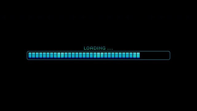 Long blue loading bar animation on a black background, retro style
