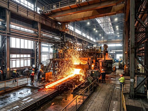Industrial steel mill with glowing molten metal and workers.
