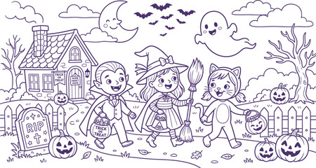 Fototapeta premium Halloween scene with costumed children and spooky elements, line art silhouette