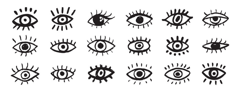 Hand drawn evil eye icons set, 18 mystical eye vector illustrations, black ink doodle eye symbols for occult and spiritual design