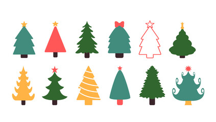 Obraz premium Festive Christmas trees in cartoon style set vector illustration on white background