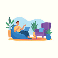 Fototapeta premium Man using laptop in living room flat vector illustration person