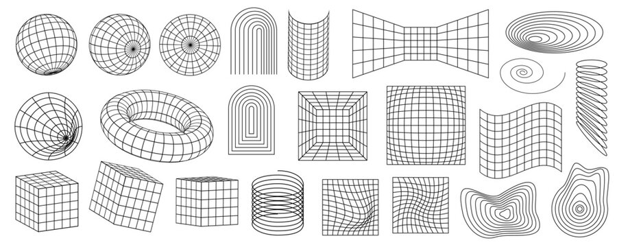 Geometric line composition in psychedelic surrealism style with black wireframe spheres, cubes, tunnels, warped grids, torus forms, spirals and distorted surfaces on a clean white background.
