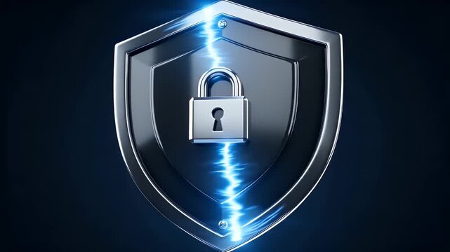 Cyber Security Shield Concept Featuring Digital Lock Protection and Electric Energy Current for Network Data Safety and Privacy