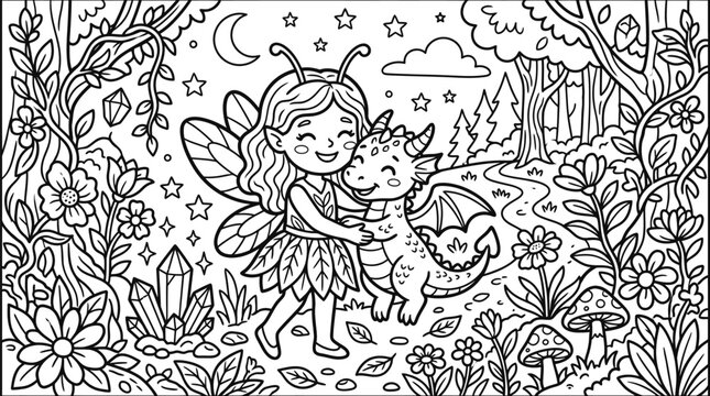 Enchanting fairy girl hugging a friendly little dragon in a magical forest clearing for a whimsical coloring page illustration for childrens books