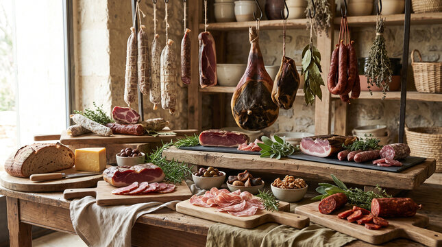 charcuterie board with assortment of cured meat and snacks on wooden table