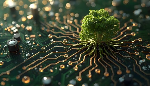 Circuit Board Transforming into Living Forest Sustainable Green Technology Macro Photography