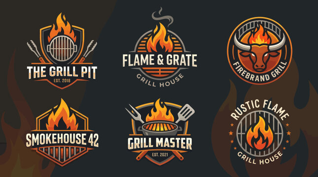 BBQ Grill Logos Collection: Flame, Grate, Bull, Smokehouse & Grill Master Emblems