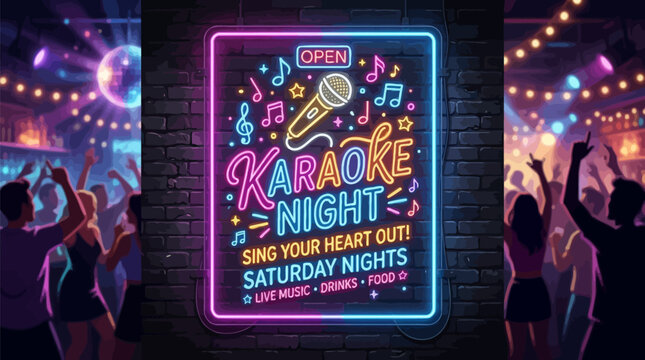 Vibrant neon karaoke night sign with microphone and musical symbols on brick wall lively crowd party background with microphone music notes set against party