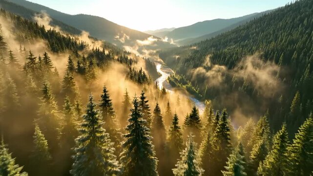 Misty mountain forest with river at sunrise. Fog drifts over pine forest in valley. Sunlight illuminates mist above winding river. Mountain valley covered with pine trees glows in morning sunrise.