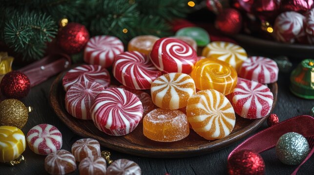 Colorful holiday candies arranged on a decorative plate during a festive winter celebration