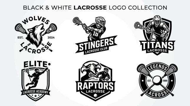 Black and White Lacrosse Team Logos Collection: Wolves, Stingers, Titans, Elite, Raptors, Legends