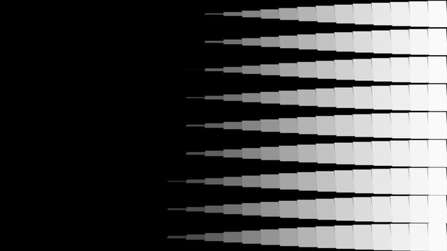 Geometric horizontal blinds wipe transition animation loop featuring cascading white rectangular slats moving from left to right to transition a solid white screen to a black background