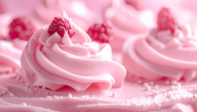 Raspberry vanilla cake with pink cream swirls and layered sponge macro