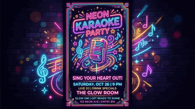 Vibrant neon karaoke party poster design template with glowing microphone with microphone musical symbols flyer with displays creative neon