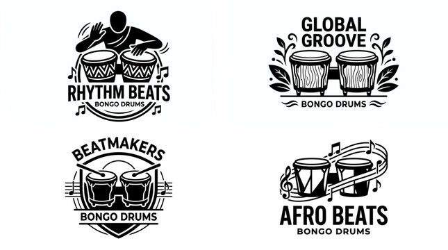 Bongo Drum Logos: Rhythm, Beat, Groove & Afro Beats - Set of 4 Black and White Illustrations