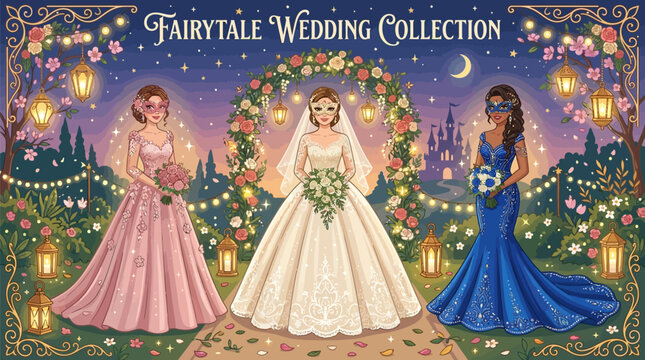 Whimsical illustration of three women in elegant wedding gowns and masquerade masks standing in a magical garden at night with garden castle background