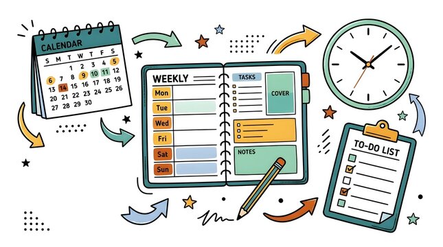 Weekly planner with calendar clock and checklist for time management and, calendar