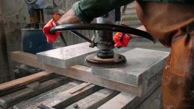 Factory worker polishing marble slab with an industrial water sander machine