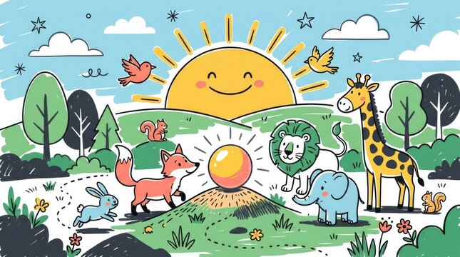 Creation Dawn With Animals. A cheerful doodle style scene depicting God's creation of light and day with a bright sun and playful animals gathered aro
