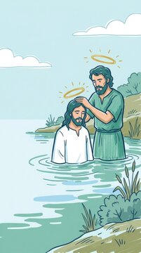 Baptism Of Jesus River. John baptizes Jesus in calm water, light halos and soft colors
