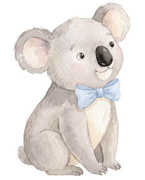 Cute Illustration of Little Koala with Blue Birthday RIbbon