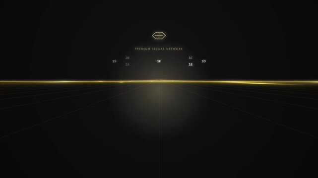 Futuristic digital network interface with glowing data grid and hex symbol