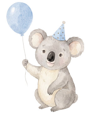 Cute Illustration of Little Koala with Blue Birthday Hat & Balloon