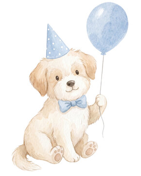 Cute Illustration of Puppy with Blue Birthday Hat & Balloon